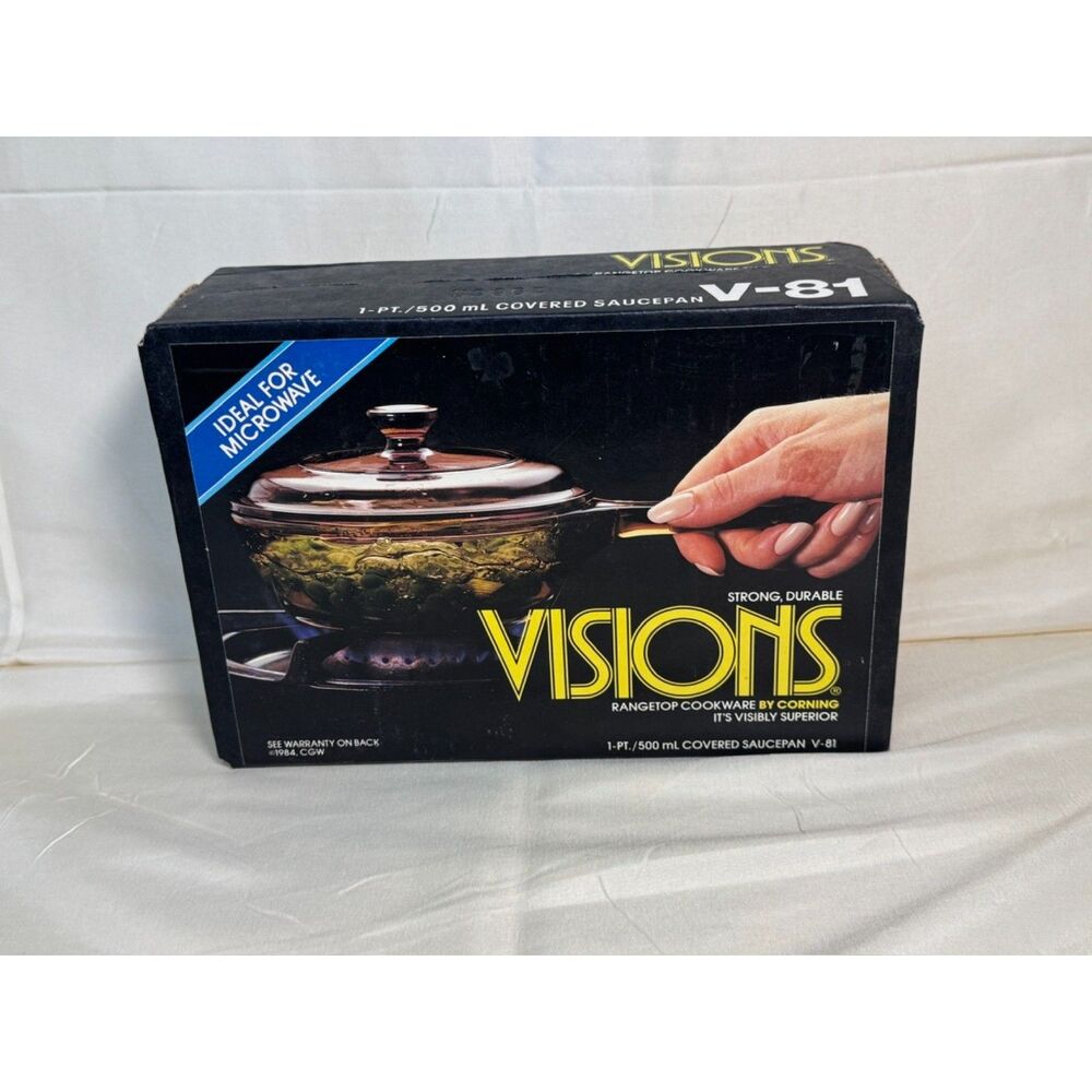 Visions by Corning 1-Pt / 500 mL Covered Saucepan V-81 Amber Glass Cookware NEW
